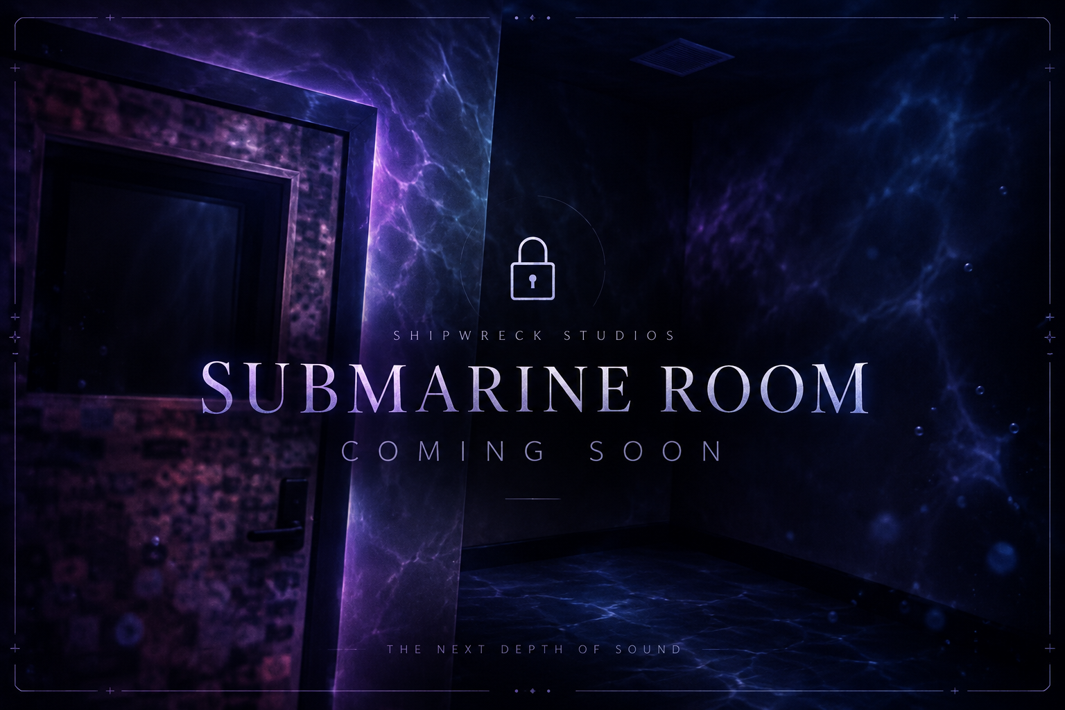 Submarine Room coming soon at Shipwreck Studios, concealed in deep purple underwater lighting with a locked-room emblem